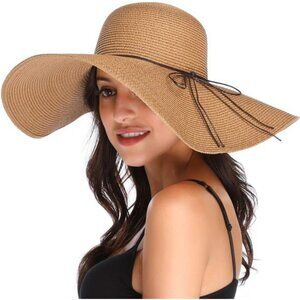 Womens Wide Brim Straw Hat Big Floppy Foldable Roll up Cap Beach Sun Hat UPF 50+